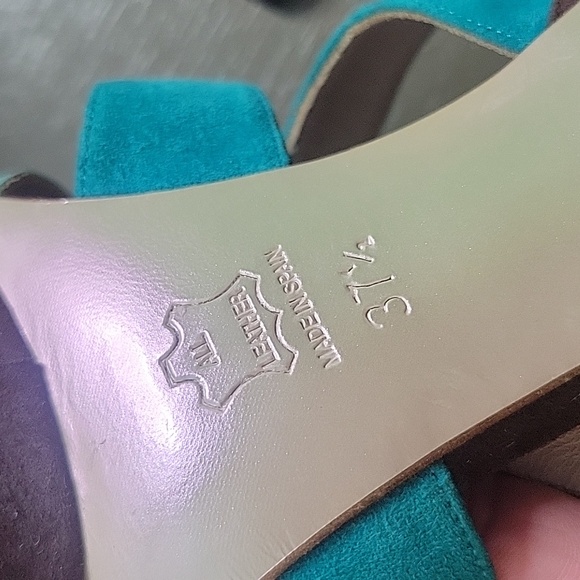 Magrit Spain Leather & Suede Ankle Strap Platform Heels Teal Blue & Brown 37.5 7 - Picture 15 of 16